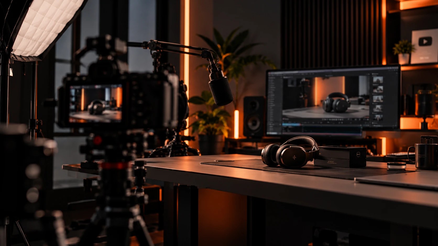 A YouTube filming studio with headphones and product packaging on a desk, a cinema camera, microphone, monitor and warm amber lighting